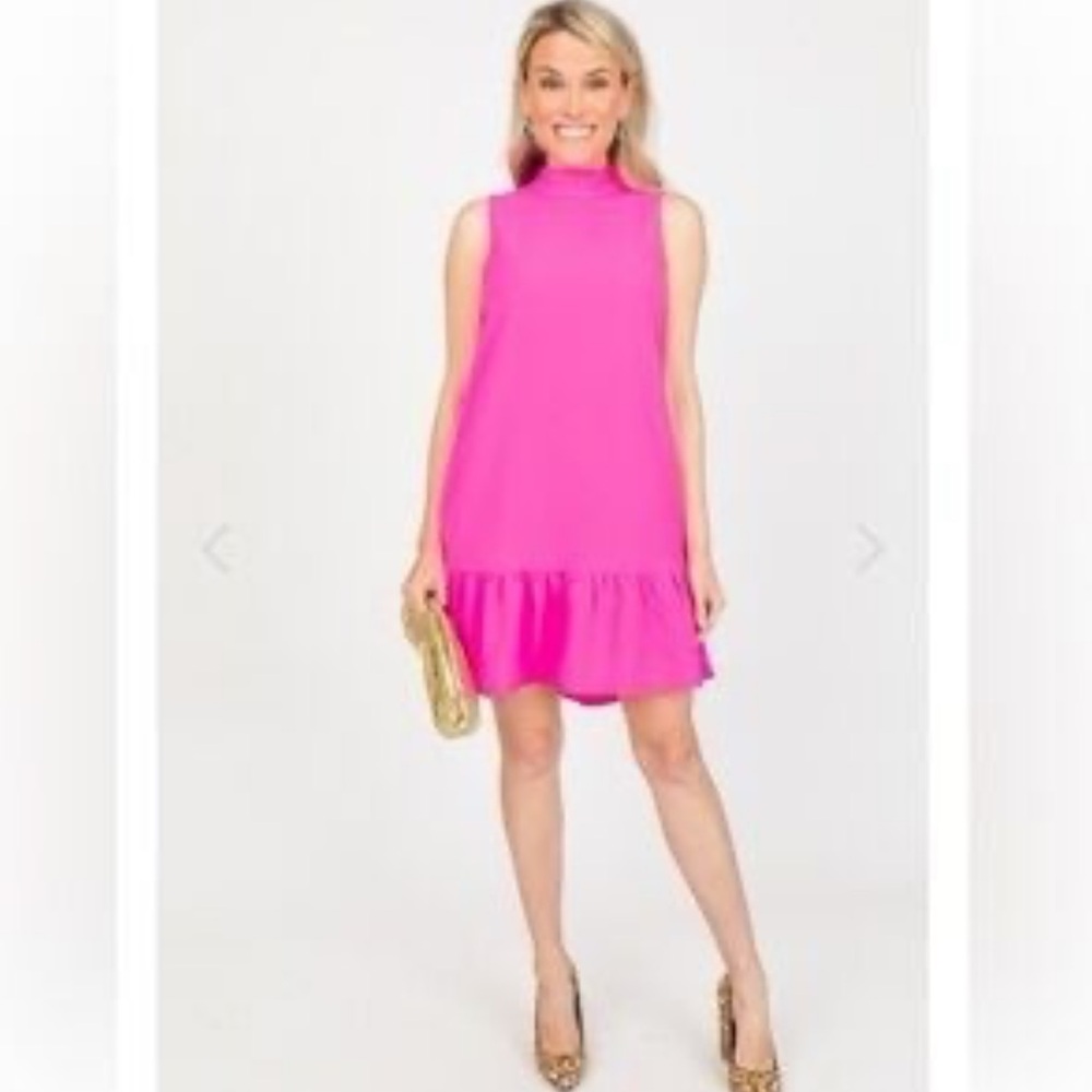 Hot Pink Summer Dress ruffle hem and high neck size small boutique pants store
